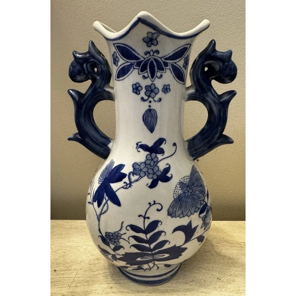 Vintage Formalities by Baum Bros Blue Onion Porcelain Vase w/ Dragon Handles 12”